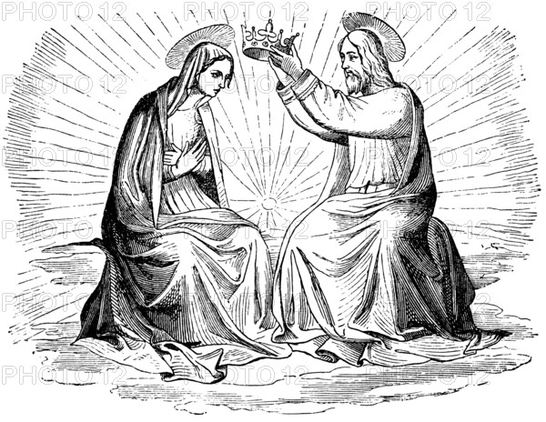 Coronation of the Blessed Virgin Mary, artist Fiesole, Middle Ages, sky, bright rays of light, crown, Jesus Christ, sitting, halo, historical illustration 1880