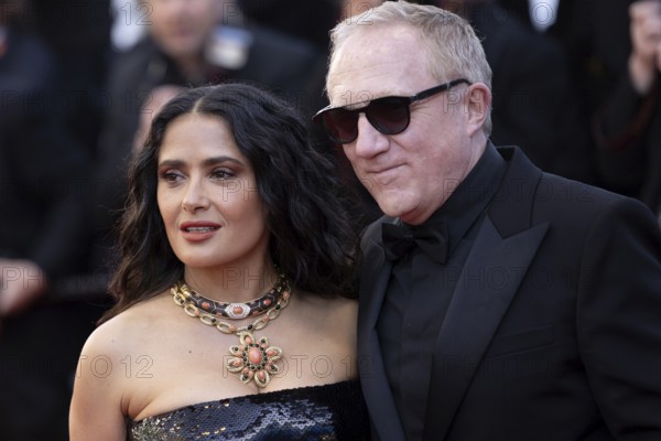 Cannes, France, 18.5.2024: Salma Hayek and Francois-Henri Pinault at the premiere of Emilia Perez on the red carpet of the Palais des Festivals during the 77th Cannes International Film Festival. The 77th Cannes International Film Festival will take place from 14 to 25 May 2024, Europe