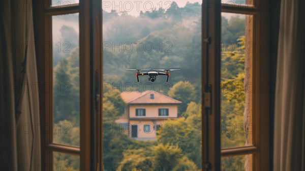 A UAV unmanned aircraft drone flying just outside the window of A house, AI generated