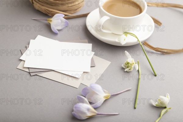 White paper business card mockup with spring snowdrop crocus and galanthus flowers and cup of coffee on gray background. Blank, business card, side view, copy space, still life. spring concept