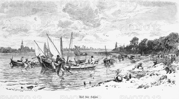 On the Schlei, Schleswig-Holstein, fjord, shore, fisherman, work, profession, fishing nets, sailing boats, baskets, fishing, Germany, historical illustration 1880, Europe