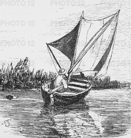 Sailing boat in the Blockland near Bremen, river, reed bank, leisure sport, man, tiller, calm, Germany, historical illustration 1880, Europe