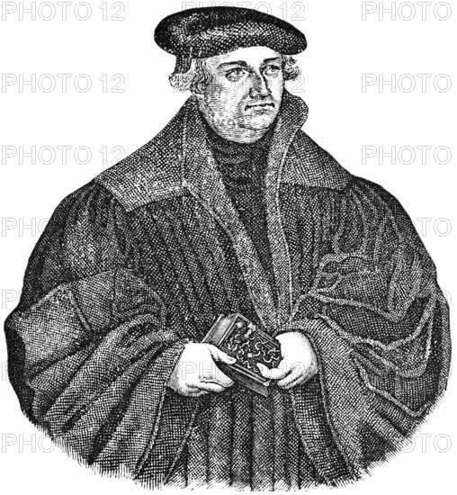 Justus Jonas the Elder (1493, 1555), theologian and reformer, author of hymns, provost of the castle church in Wittenberg, Bible, gown, portrait, historical illustration 1883