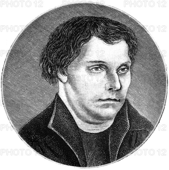 Martin Luther (1483, 1546) Portrait after Lucas Cranach from 1525, reformer, Augustinian monk, Bible translator, Renaissance, fixed gaze, historical illustration 1883