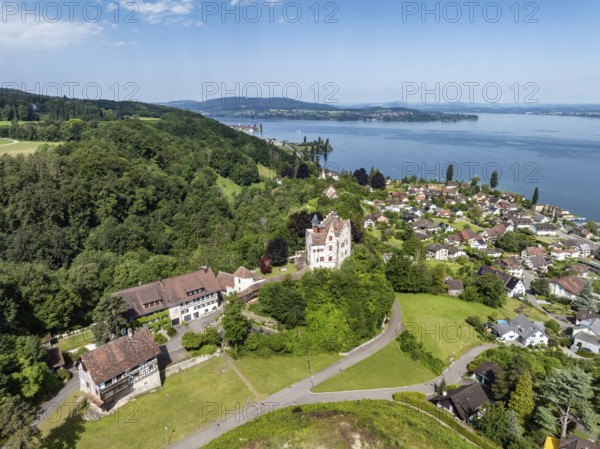 Aerial view of Salenstein Castle above the municipality of Mannenbach-Salenstein on western Lake Constance, with the Höri peninsula and the Hegau mountains on the horizon, Canton Thurgau, Switzerland, Europe