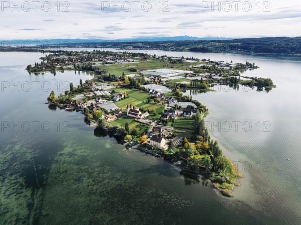 Aerial view of the north-western tip of the island of Reichenau in Lake Constance, with the district of Niederzell and the columned basilica of St Peter and Paul, Windegg Castle on the shore, district of Constance, Baden-Württemberg, Germany, Europe