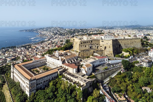 Castel Sant'Elmo and Charterhouse and Museum of San Martino from a drone, Campania, Italy, Europe