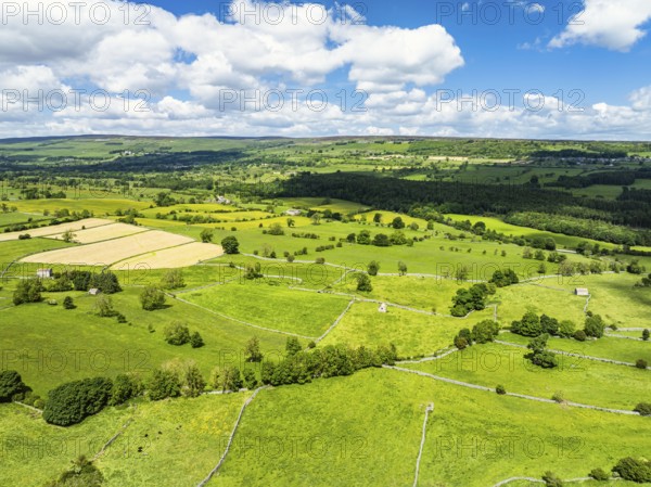 Farms and Fields over Bainbridge Village from a drone, Leyburn, North Yorkshire, England, United Kingdom, Europe