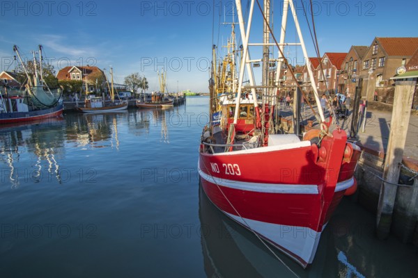 The harbour of Neuharlingersiel, East Frisia, Lower Saxony, fishing boats, fishing cutter, monument, Neuharlingersiel, Lower Saxony, Federal Republic of Germany