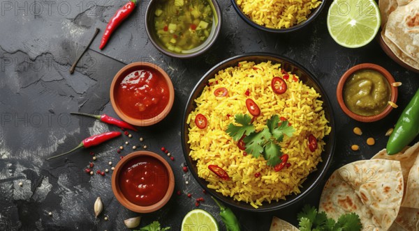 Healthy mexican food. Yellow rice with chili and sauces. Flat lay view., AI generated