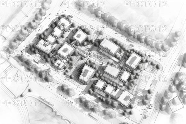 A pencil-drawn site plan, sketch, idea sketch design, architectural design of a modern residential neighbourhood, housing estate, new building, modern residential buildings, living space, AI generated, AI generated, AI generated