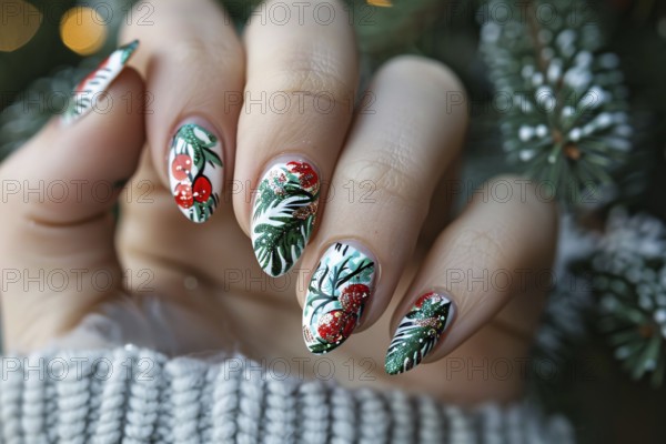 Woman's fingernails with red, green and white colored nail polish with seasonal Christmas design. Generative Ai, AI generated