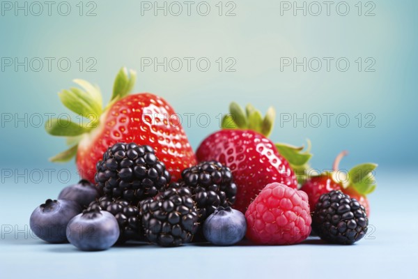 Mix of strawberry, blueberry, raspberry and blackberry fruits on blue background. KI generiert, generiert AI generated