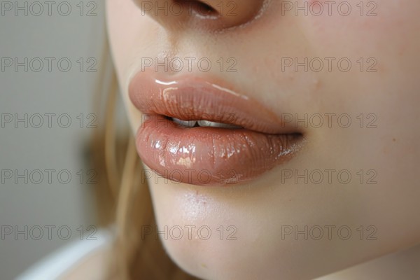 Close up of large plump lips of woman with Hyaluronic acid beauty fillers, KI generiert, generiert, AI generated