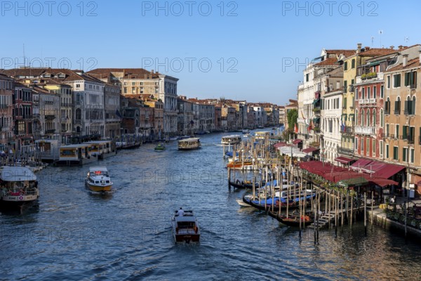 View of the Grand Canal with water taxis and vaporetto in the evening light, view from the Rialto Bridge, Venice, Veneto, Italy, Europe