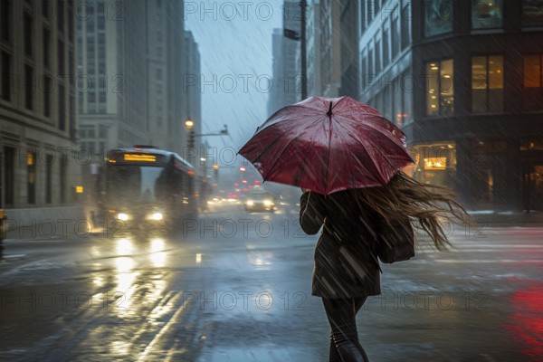 Back view of woman with umbrella during storm in city street. Generative Ai, AI generated