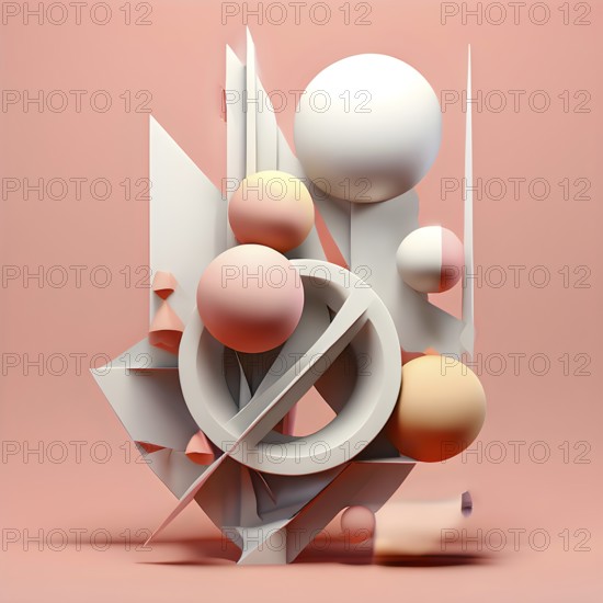 AI generated Illustration of conceptual art piece where geometric shapes and organic forms blend in a digital canvas