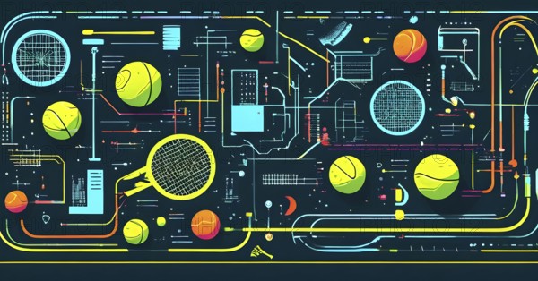 Vibrant mix of abstract circuitry intertwined with tennis balls, representing AI role in personalized sports training, AI generated