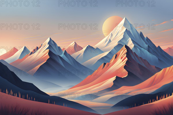 Minimalist landscape with stylized mountains and a setting sun, represented by simple geometric shapes in muted pastel grey, orange and brown tones, AI generated