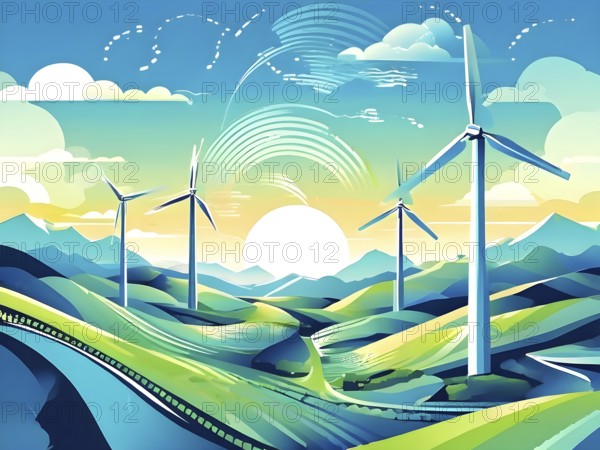 Abstract wallpaper illustration of interconnected wind turbines, represented by flowing lines and geometric patterns, symbolizing clean energy, AI generated