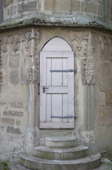 Tower door at St Vitus Church, Iphofen, Lower Franconia, Bavaria, Germany, Europe