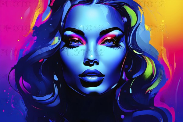 AI generated abstract digital painting of a womans face in vibrant neon colors