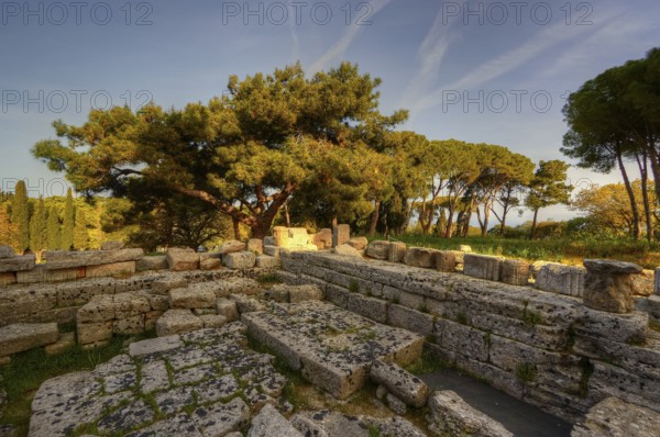 HDR Photo, Remains of Athena Polias Temple, Ancient stone ruins surrounded by trees and sunny sky, Filerimos, hill not far from Rhodes town, Ancient State of Ialyssos, Rhodes, Dodecanese, Greek Islands, Greece, Europe