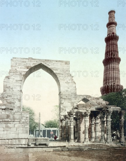 Kutub Minar in Delhi, India, Historic, digitally restored reproduction from a 19th century original, Record date not stated, Kutub Minar at Delhi, India, Historic, digitally restored reproduction from a 19th century original, Record date not stated, Asia