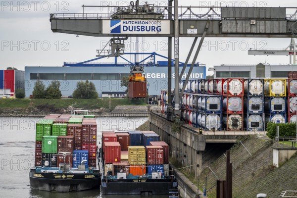 Port of Duisburg Ruhrort, Container freighter being loaded and unloaded at DeCeTe, Duisburg Container Terminal, Duisport, Duisburger Hafen AG, Duisburg, North Rhine-Westphalia, Germany, Europe