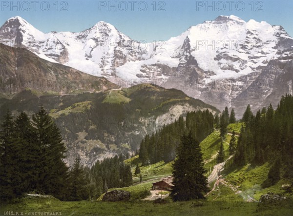 Mürren, Grutschalp, I, Eiger, Mönch und Jungfrau, Bernese Oberland, Switzerland, Historic, digitally restored reproduction from a 19th century original, Record date not stated, Murren, Monch and Jungfrau, Bernese Oberland, Switzerland, Historic, digitally restored reproduction from a 19th century original, Record date not stated, Europe