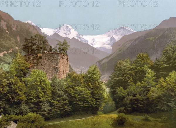 Interlaken, Ruins of Unspunnen, Bernese Oberland, Switzerland, Historic, digitally restored reproduction from a 19th century original, Record date not stated, the Ruins of Unspunnen, Bernese Oberland, Switzerland, Historic, digitally restored reproduction from a 19th century original, Record date not stated, Europe