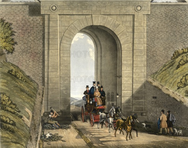 Carriage travelling through Highgate Tunnel, 1831, London, England, Historic, digitally restored reproduction from a 19th century original, Record date not stated