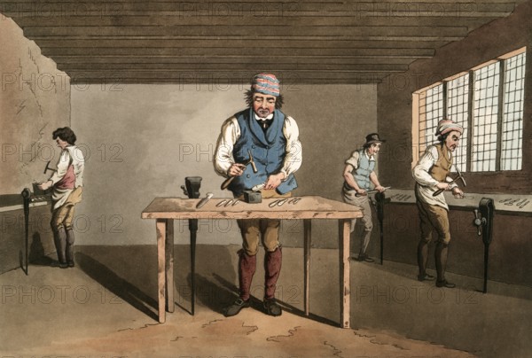 Scene from everyday life in England around 1810, Sheffield cutler, historical, digitally restored reproduction from a 19th century original, date unknown