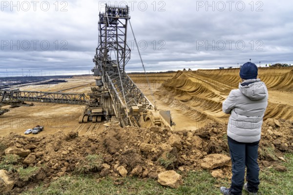 Opencast lignite mine Garzweiler 2, bucket wheel excavator 261 excavating the surface, near the rest of the hamlet of Lützerath, Erkelenz, North Rhine-Westphalia, Germany, Europe