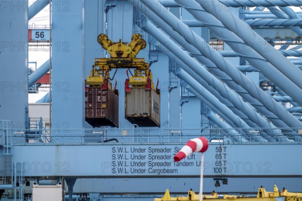 APM Container Terminal, containers being loaded by crane, seaport of Rotterdam, Maasvlakte 2 deep-sea harbour, on an artificial land area, Netherlands