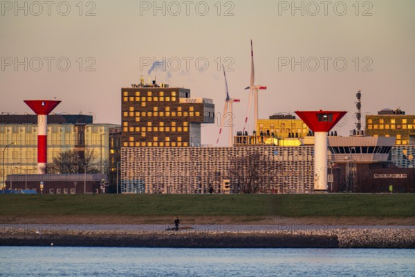 Skyline of Bremerhaven, seen across the Weser, building of the Alfred Wegener Institute, Helmholtz Centre for Polar and Marine Research (AWI), front light and rear light double lock, navigation mark, Bremen, Germany, Europe