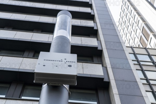 Smart Poles, intelligent street lamps, test run, EON and the city of Essen are testing street lamps that measure environmental data, provide electricity for electric cars, are parking guidance systems, offer WLAN, are emergency call pillars and digital display panels, Essen, North Rhine-Westphalia, Germany, Europe