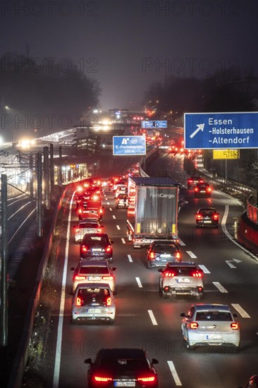 Traffic jam on the A40 motorway, Ruhrschnellweg, in Essen, North Rhine-Westphalia, Germany, Europe