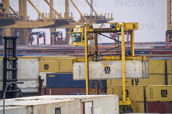 Container terminal in the seaport of Bremerhaven, Eurogate Container Terminal with almost 50 container gantry cranes, cranes, on a length of over 4 KM at the mouth of the Weser, straddle carriers bring the containers to and from the container ships, or store them between, Bremerhaven, Bremen, Germany, Europe