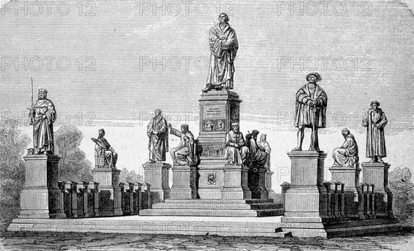 The Luther Monument in Worms, Germany, in 1870, Historical, digital reproduction of an original 19th century model, Europe