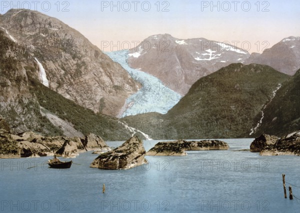 Bondhus glacier and lake, Hardangerfjord, Handanger, Norway, View from 1885, Historical, digitally restored reproduction from a 19th century original, Record date not stated, Europe