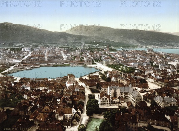 Panorama of Bergen, Norway, View from 1885, Historical, digitally restored reproduction from a 19th century original, Record date not stated, Europe