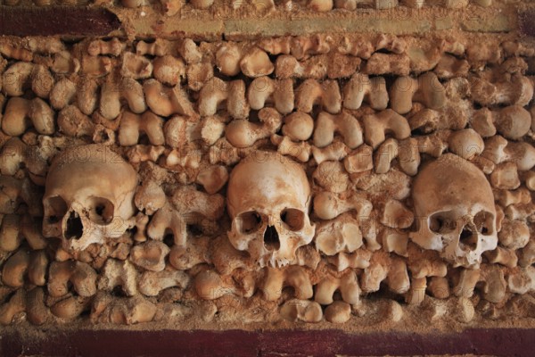 Capela dos Ossos, Bone Chapel, an ossuary in Faro, Portugal, which belongs to the 18th century Baroque Carmelite Church of Nossa Senhora do Carmo, Europe