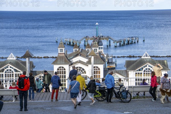 The pier of Sellin, 394 metres long, with restaurant, jetty, tourists, island of Rügen, Mecklenburg-Western Pomerania, Germany, Europe