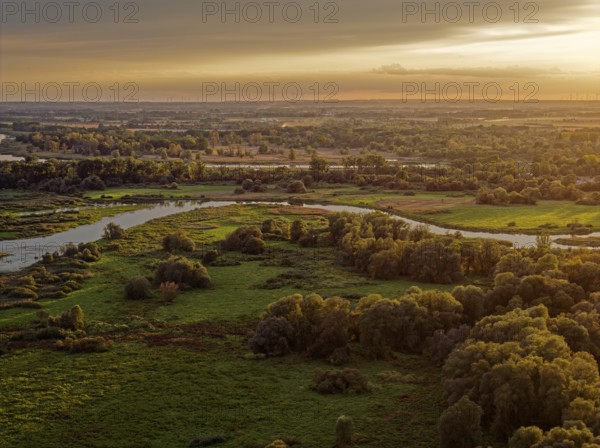 Evening light over the Warta Estuary National Park, Park Narodowy Ujscie Warty, where the Warta flows into the Oder. The park consists mainly of meadows and pastureland, intersected by numerous old river courses and canals. Aerial view. Kostrzyn nad Odra, Lubuskie, Poland, Europe