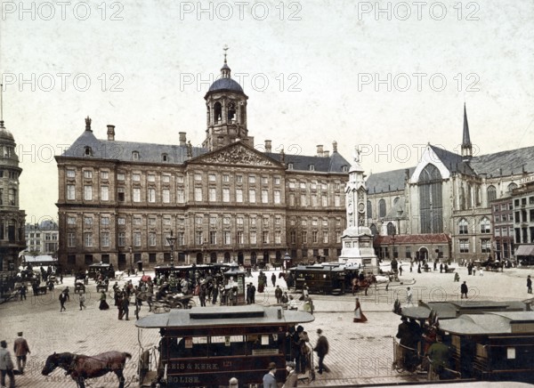 Dam Square with the Royal Palace (left) and the Nieuwe Kerk (right), Amsterdam, Holland, 1890, Historical, digitally restored reproduction from a 19th century original, Record date not stated