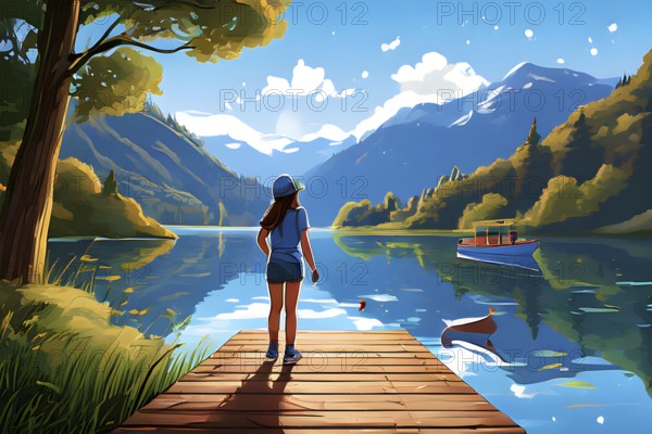 Cartoon vector illustration of a teen girl at a tranquil mountain lake, AI generated