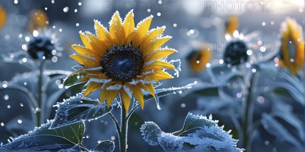 Detailed close-up of frost patterns on sunflowers on a meadow, AI generated