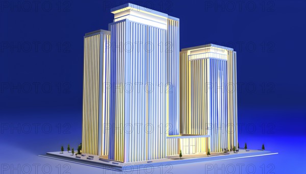 Three dimensional rendering of an illuminated modern high-rise office building, AI generated