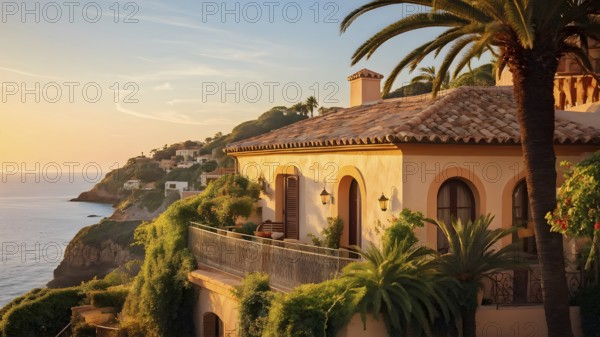 Mediterranean house in an idyllic coastal village bathed in golden hour light, AI generated